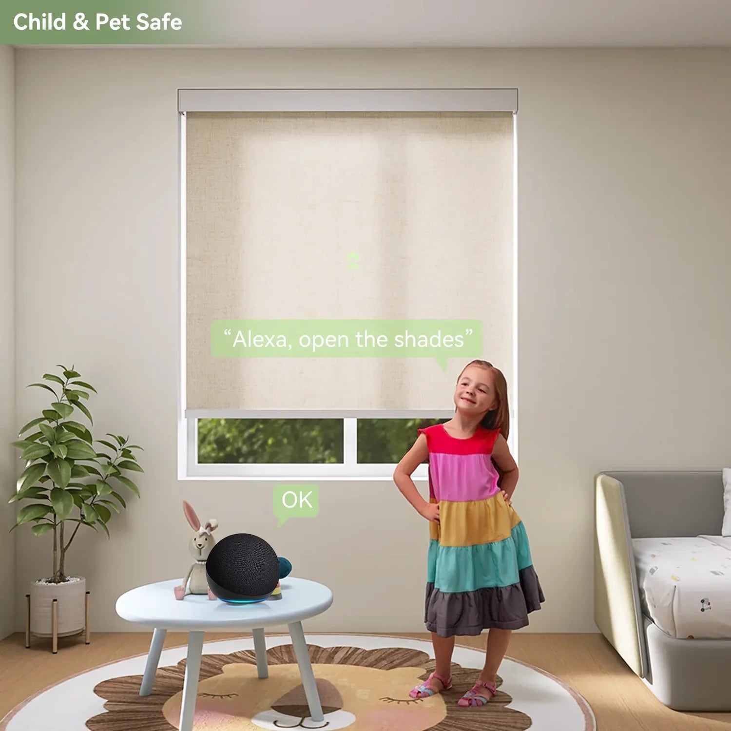 Cord-free motorized roller shades in a bedroom