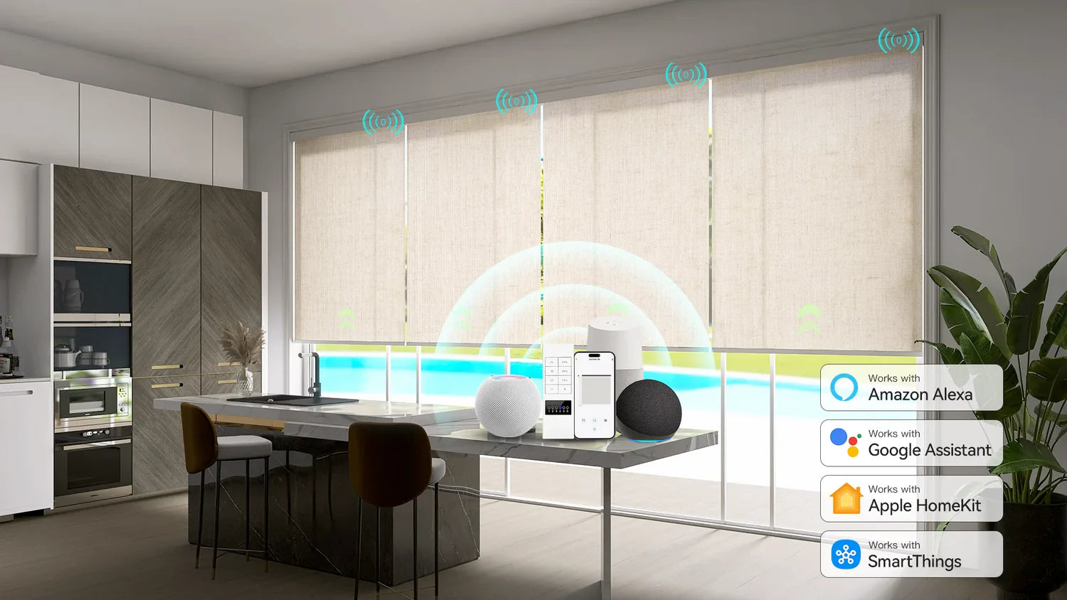 Roller shades in a dining room